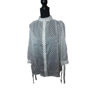 2/$35- Neon Blonde Sheer Polk A Dot 3/4th Tie Sleeves Button Blouse Women's XS